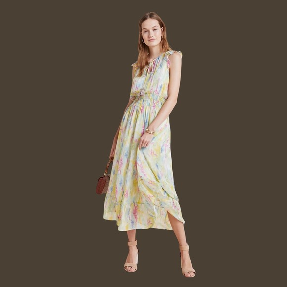 Anthropologie Dresses & Skirts - Anthropologie Watercolor Floral Maxi Dress Smocked Waist Flutter Sleeve Size 2